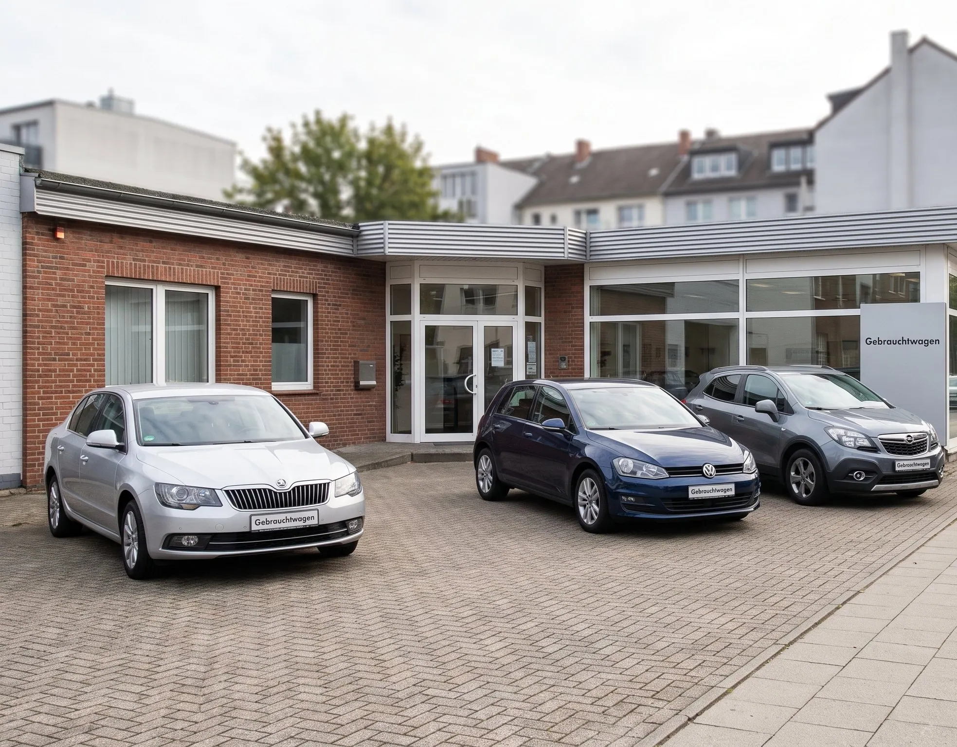 Autohaus an einer Wohnstraße mit drei Gebrauchtwagen auf dem gepflasterten Vorplatz