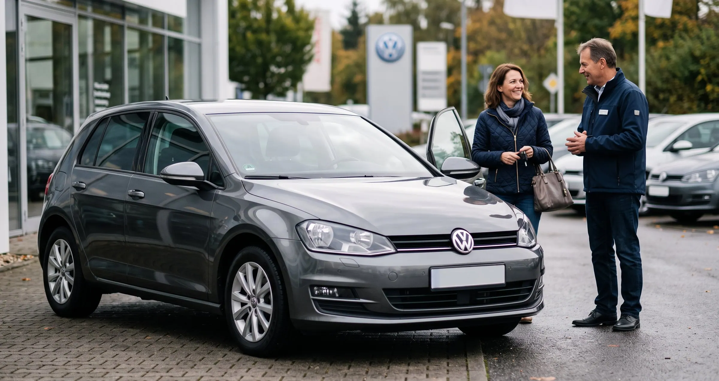 Beratungsgespräch im Freien neben einem grauen Kompaktwagen auf dem Hof eines Autohauses