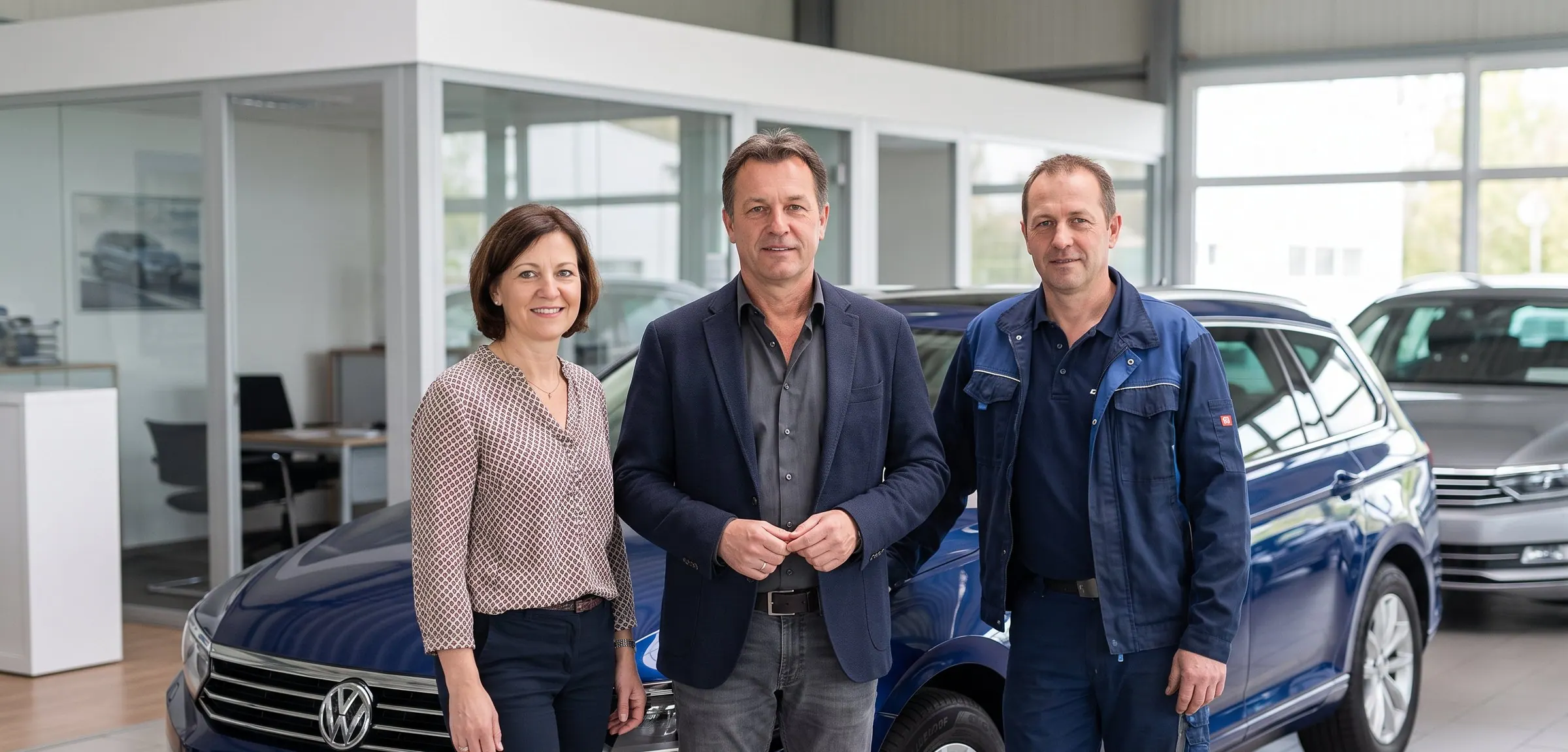 Drei Personen stehen nebeneinander vor einem dunkelblauen Kombi in einem Ausstellungsraum