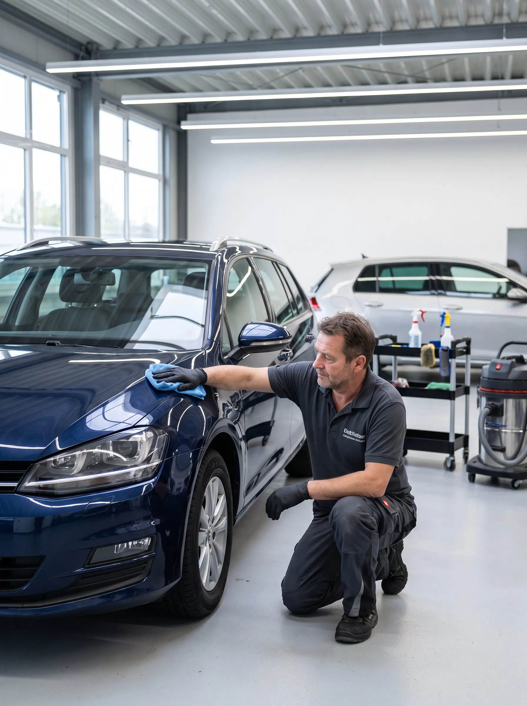 Mitarbeiter poliert mit einem Mikrofasertuch die Motorhaube eines dunkelblauen Kombis