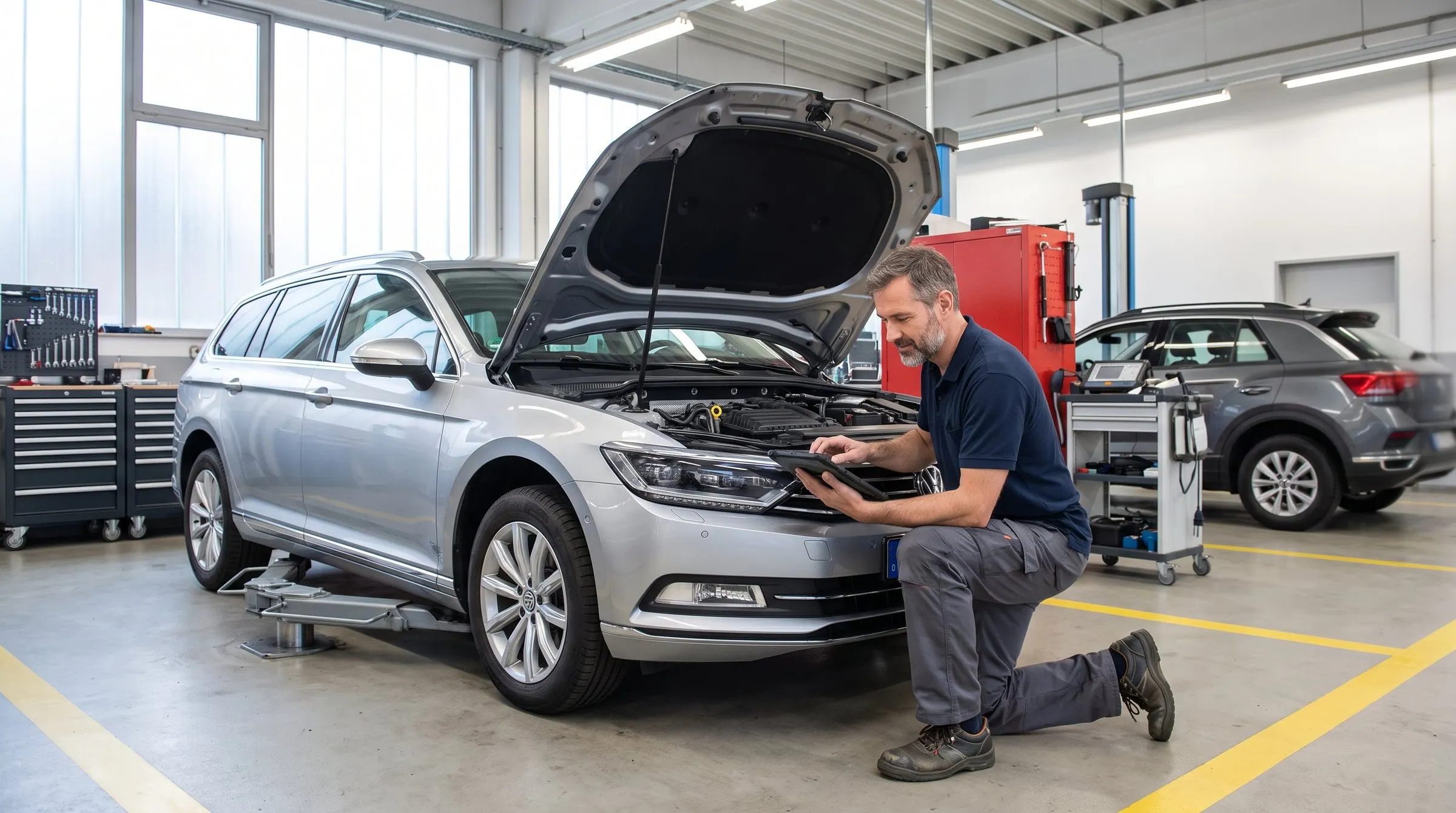 Techniker prüft mit einem Tablet den Motorraum eines Kombis in einer hellen Werkstatt