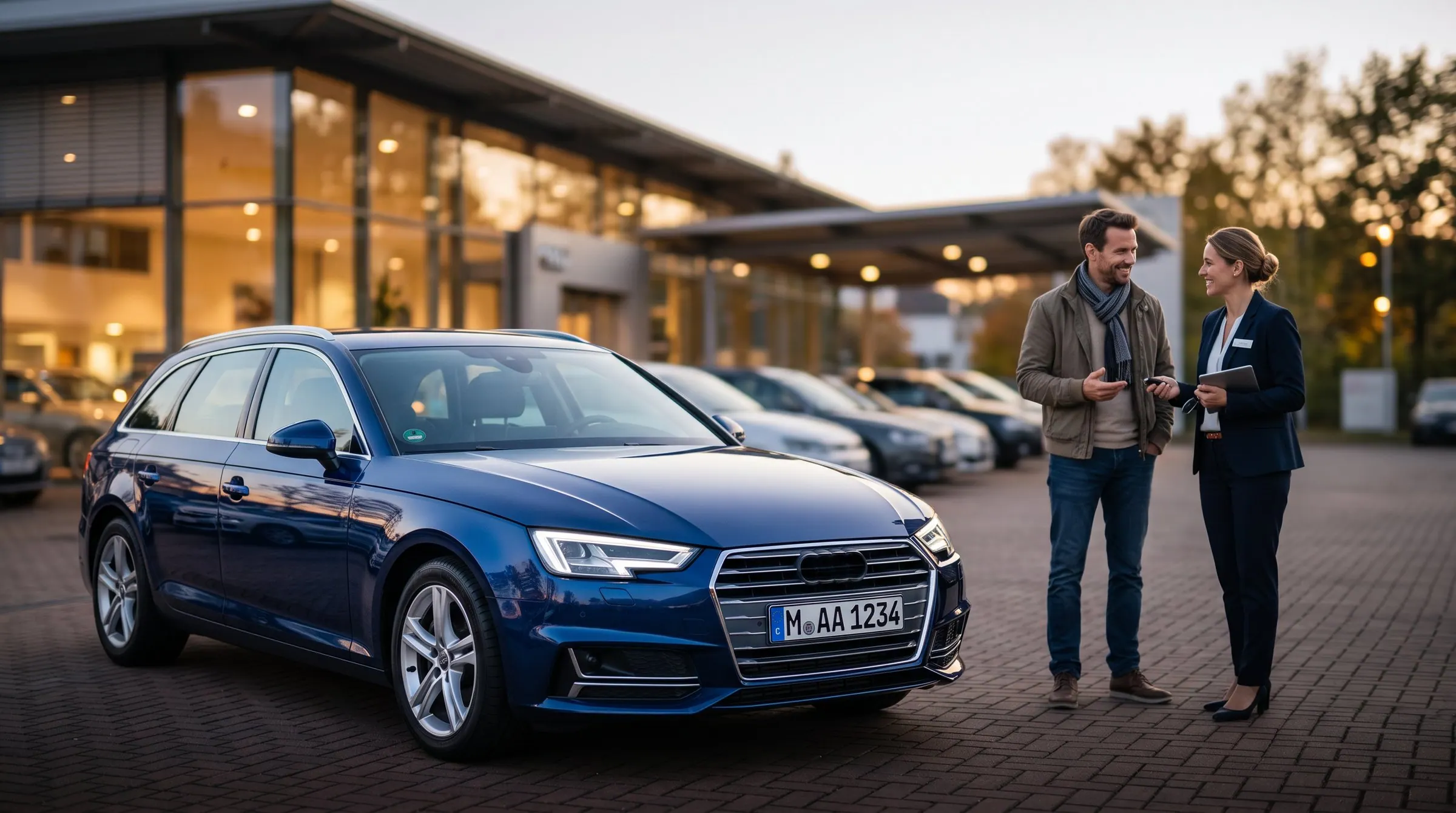 Blauer Kombi auf dem Hof eines Autohauses in der Dämmerung, im Hintergrund ein Beratungsgespräch